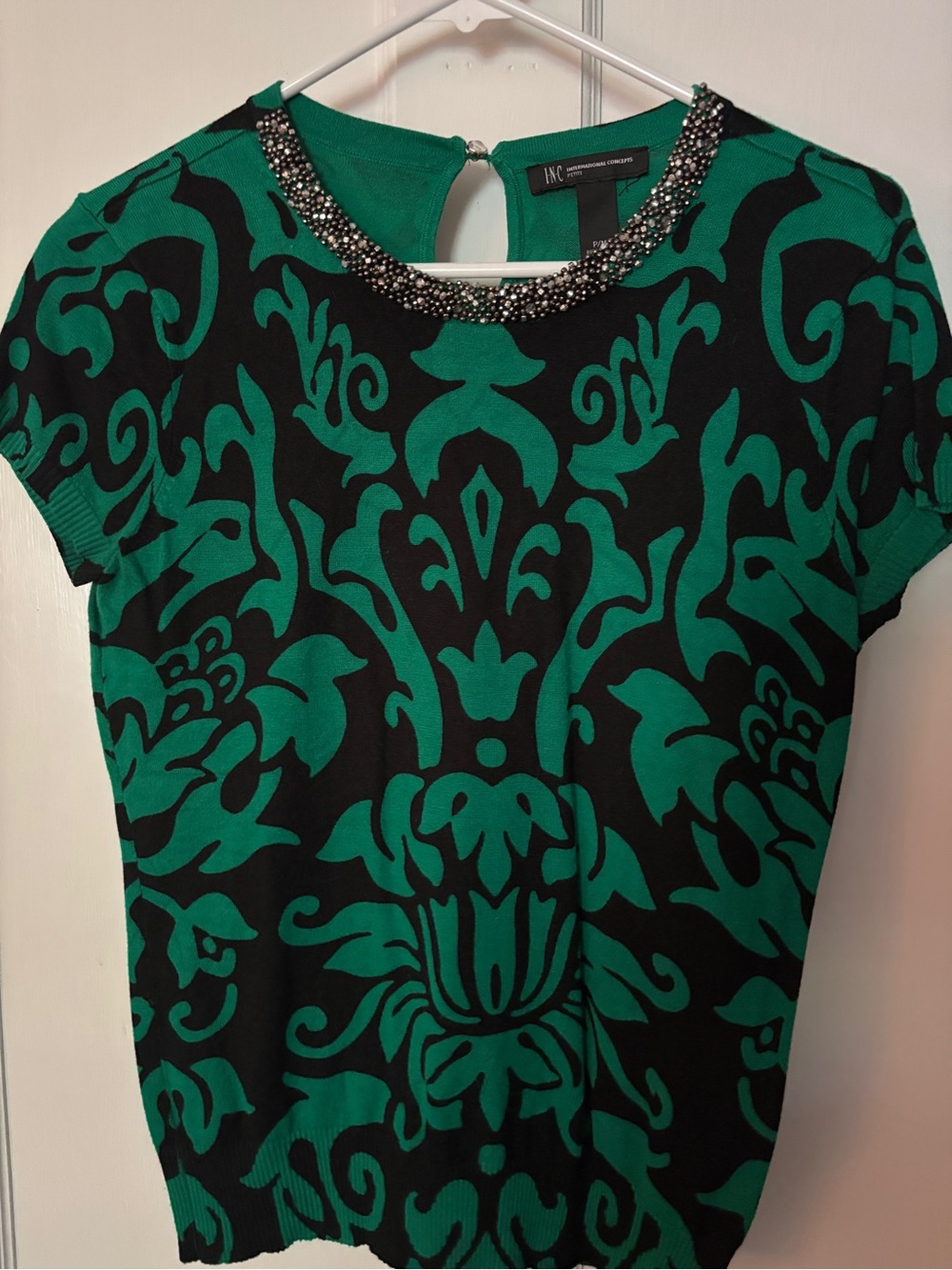INC International Concepts Green and Black Beaded Neckline Top